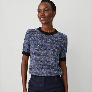 NWT Ann Taylor Blue Tweed Short-Sleeve Crewneck Top with Black Trim